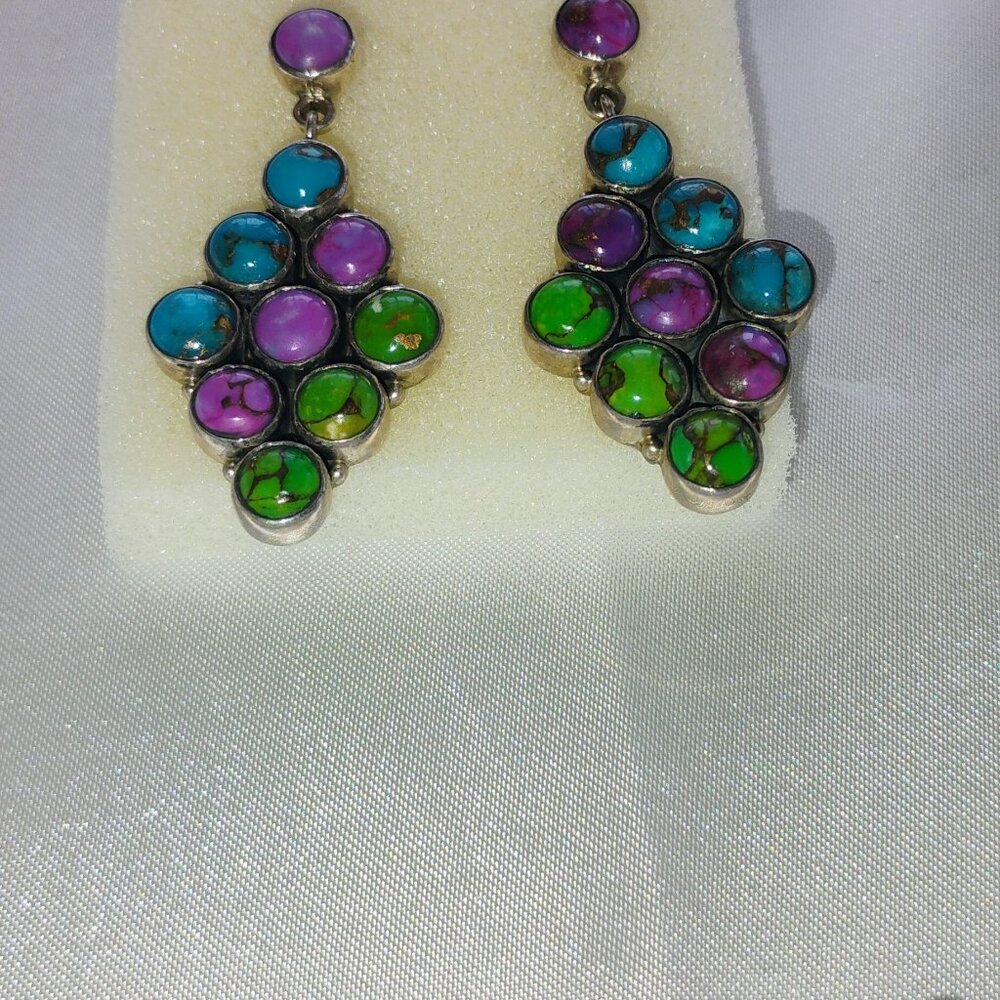 Multicolor turquoise dangling earrings in sterling silver